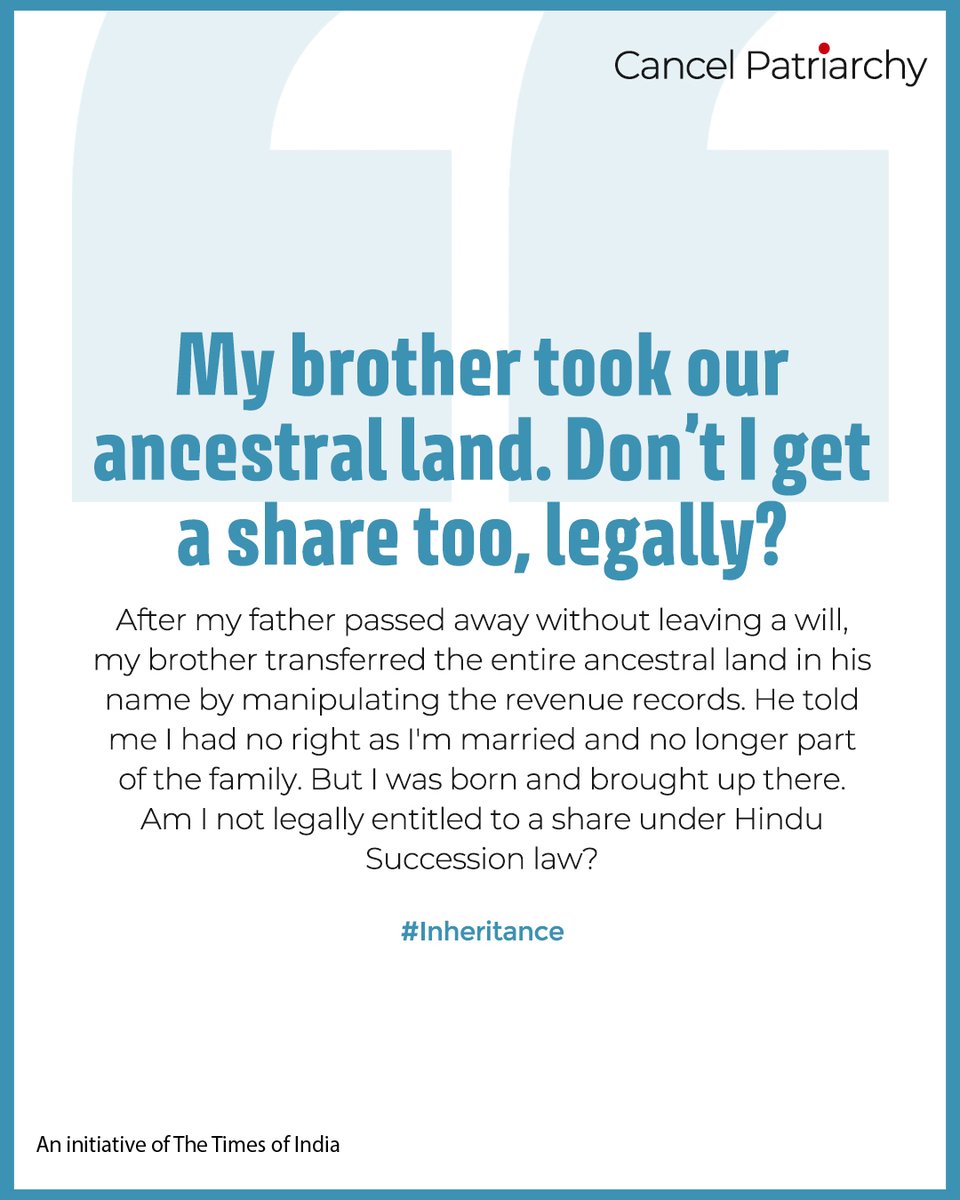 We're here to help if you have similar questions or need clarity on other legal issues. Write to us with your queries anonymously and we will endeavor to publish detailed answers on our website.

Reach a trusted legal expert on cancelpatriarchy.in

#CancelPatriarchy #TOI