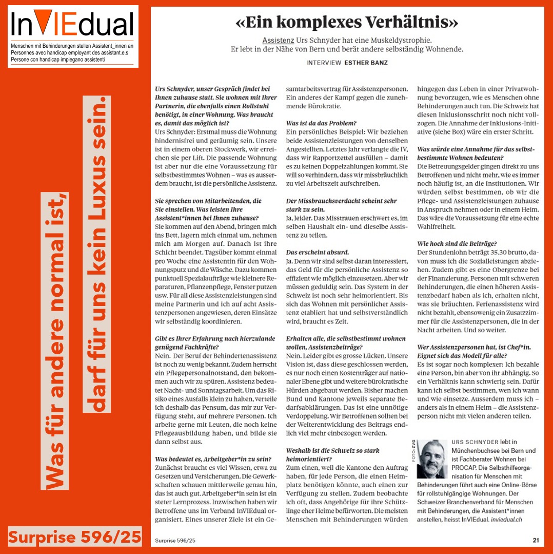 InVIEdual's tweet photo. In der #Surprise erzählt Urs Schnyder über ein Leben mit persönlicher #Assistenz.
"Ich arbeite gerne mit Leuten, die noch keine Pflegeausbildung haben, und bilde sie dann selbst aus."
#Selbstbestimmt #UNBRK
@InklusionCH 
https://t.co/XWnMb01ihr https://t.co/CAMfSZ4zMi
