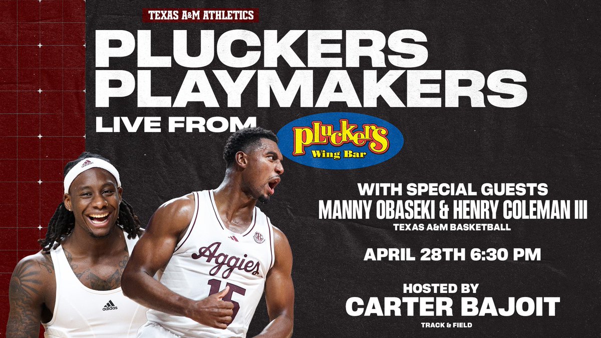 Texas A&M Athletics (@12thman) on Twitter photo NEXT MONDAY ποΈπ
Former Aggie Basketball players Manny Obaseki and Henry Coleman III join Pluckers Playmakers! π
Enjoy some wings and watch live from <a href="/Pluckers/">Pluckers Wing Bar</a> off University! π
#GigEm NEXT MONDAY ποΈπ
Former Aggie Basketball players Manny Obaseki and Henry Coleman III join Pluckers Playmakers! π
Enjoy some wings and watch live from <a href="/Pluckers/">Pluckers Wing Bar</a> off University! π
#GigEm