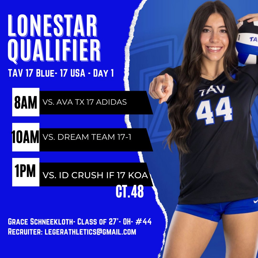Grace Schneekloth (@g_schneekloth) on Twitter photo LONE STAR SCHEDULE! Day one, pool number 3, court 48. Let’s go🙌 <a href="/TAVVolleyball/">TX Advantage VB</a> <a href="/legerandmoon/">Léger & Moon Volleyball</a> #outsidehitter #classof2027 LONE STAR SCHEDULE! Day one, pool number 3, court 48. Let’s go🙌 <a href="/TAVVolleyball/">TX Advantage VB</a> <a href="/legerandmoon/">Léger & Moon Volleyball</a> #outsidehitter #classof2027
