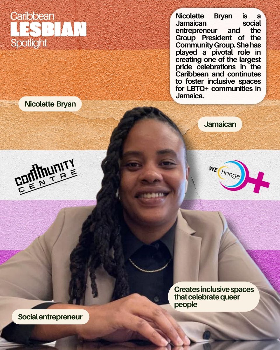 Caribbean Lesbian Spotlight 💗🧡🤍

Nicolette Bryan is a Jamaican social entrepreneur and the Group President of the Community Group, which encompasses the Community Centre, WE-Change JA, and Community Fest Jamaica. With over a decade of leadership, she has been instrumental in