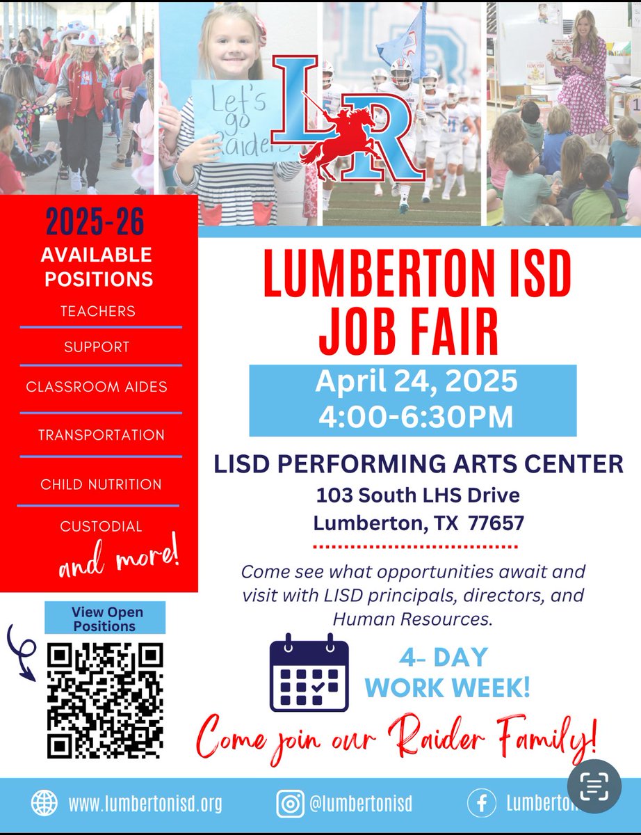 🎉 Lumberton ISD Job Fair – Happening TODAY!
 📍 Join us at the PAC from 4:00 to 6:30 PM
 Meet leaders from all campuses and departments—from teachers and aides to bus drivers, custodians, food service, and more.
 💼 Your next opportunity could be just one conversation away.