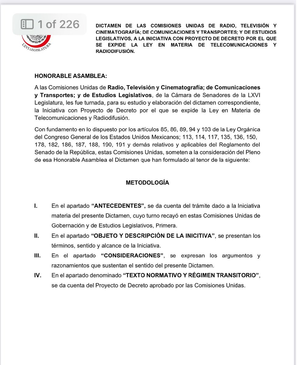 Se ha circulado Dictamen en Senado sobre Ley Telecom. No trae cambios sobre iniciativa Presidencial. Hay mucha censura contra la radiodifusión, TV restringida, plataformas digitales, Apps y hasta para los informativos que se originan desde el extranjero y se ven en México (CNN,