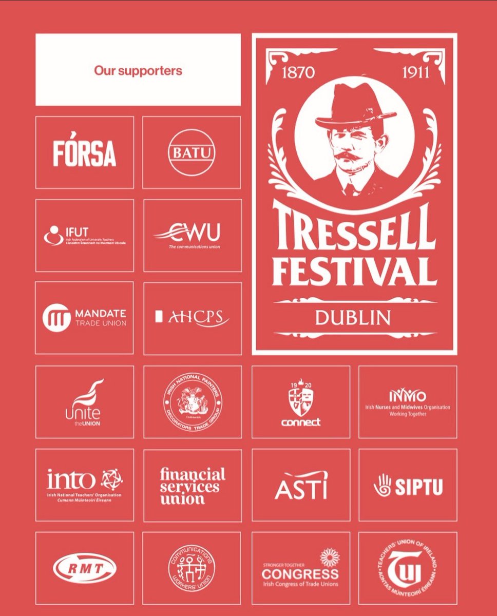 The Robert Tressell Festival (@tressellfest) on Twitter photo One month to go!
Facing Down the Carnival of Reaction
“Let every friend be a comrade and let every comrade be a friend.”
<a href="/ipsc48/">IPSC</a>
<a href="/RMTunion/">RMT</a>
<a href="/forsa_union_ie/">Fórsa trade union</a>
<a href="/irishcongress/">Irish Congress (ICTU)</a>
<a href="/SIPTU/">SIPTU</a>
<a href="/CWU/">Communications Workers' Union (CWU)</a>
<a href="/INMO_IRL/">Irish Nurses & Midwives Organisation</a>
<a href="/fsuireland/">Financial Services Union</a>
<a href="/siptuhealth/">SIPTU Health</a>
<a href="/ifut/">IFUT</a>
Tickets here: tressellfestival.ie One month to go!
Facing Down the Carnival of Reaction
“Let every friend be a comrade and let every comrade be a friend.”
<a href="/ipsc48/">IPSC</a>
<a href="/RMTunion/">RMT</a>
<a href="/forsa_union_ie/">Fórsa trade union</a>
<a href="/irishcongress/">Irish Congress (ICTU)</a>
<a href="/SIPTU/">SIPTU</a>
<a href="/CWU/">Communications Workers' Union (CWU)</a>
<a href="/INMO_IRL/">Irish Nurses & Midwives Organisation</a>
<a href="/fsuireland/">Financial Services Union</a>
<a href="/siptuhealth/">SIPTU Health</a>
<a href="/ifut/">IFUT</a>
Tickets here: tressellfestival.ie