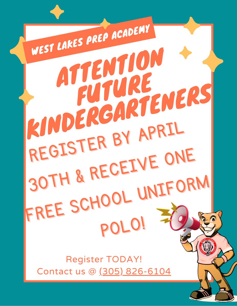 West Lakes Prep (@westlakesprep) on Twitter photo Kindergarten registration is OPEN for the 2025-2026 school year. Stop by our office or call us at 305-826-6104. If you register by April 30th, you will receive a FREE uniform polo. #pantherpride 🐾 #yourbestchoicemdcps <a href="/MDCPS/">Miami-Dade Schools</a> <a href="/MDCPSNorth/">M-DCPS North Region</a> <a href="/SuptDotres/">Jose L. Dotres, Ed.D.</a> Kindergarten registration is OPEN for the 2025-2026 school year. Stop by our office or call us at 305-826-6104. If you register by April 30th, you will receive a FREE uniform polo. #pantherpride 🐾 #yourbestchoicemdcps <a href="/MDCPS/">Miami-Dade Schools</a> <a href="/MDCPSNorth/">M-DCPS North Region</a> <a href="/SuptDotres/">Jose L. Dotres, Ed.D.</a>