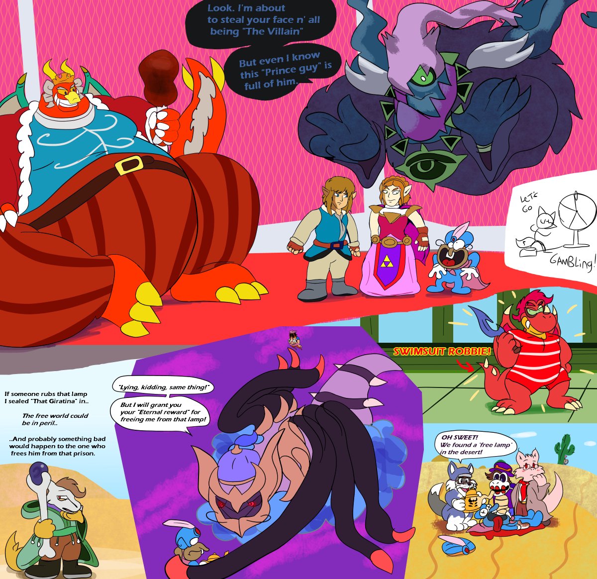 One whole huge "Collage of Miitopia stuff". Given I've been replaying the game recently and felt I could pump out a picture. This took much longer then I expected.  Also, Robbie in a swimsuit. #Miitopia #oc #Drawing #onehugeimageimtiredlol #Werewolf #Drybones #gieeg #fat #Theking