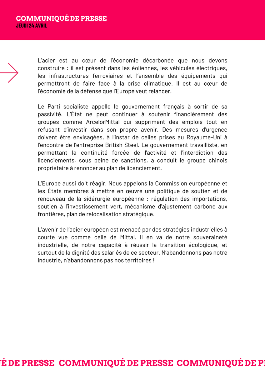 Parti socialiste (@partisocialiste) on Twitter photo 📢 #ArcelorMittal : L’abandon n’est pas une réponse à la crise
Le Parti socialiste dénonce avec fermeté l’annonce par ArcelorMittal de la suppression de plus de 600 postes.
👉 Notre communiqué par <a href="/faureolivier/">Olivier Faure</a> <a href="/ArthurDelaporte/">Arthur Delaporte</a> <a href="/ThiebautWeber/">Thiébaut Weber</a> : parti-socialiste.fr/arcelormittal_… 📢 #ArcelorMittal : L’abandon n’est pas une réponse à la crise
Le Parti socialiste dénonce avec fermeté l’annonce par ArcelorMittal de la suppression de plus de 600 postes.
👉 Notre communiqué par <a href="/faureolivier/">Olivier Faure</a> <a href="/ArthurDelaporte/">Arthur Delaporte</a> <a href="/ThiebautWeber/">Thiébaut Weber</a> : parti-socialiste.fr/arcelormittal_…