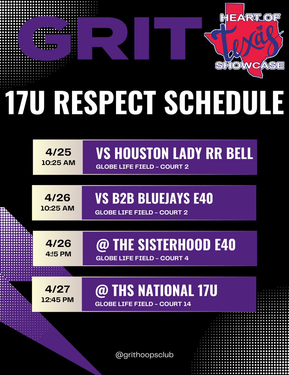 GRIT (@grithoops) on Twitter photo ā¼ļøHEART OF TEXAS 17s SCHEDULESā¼ļø
⢠S40 teams at Fieldhouse USA
⢠Respect teams at <a href="/GlobeLifeField/">Globe Life Field</a> + HSs
⢠College Coaches please reach out with any questions - grithoopsclub@gmail.com š§
LETāS HOOP š
#GRIT ā¼ļøHEART OF TEXAS 17s SCHEDULESā¼ļø
⢠S40 teams at Fieldhouse USA
⢠Respect teams at <a href="/GlobeLifeField/">Globe Life Field</a> + HSs
⢠College Coaches please reach out with any questions - grithoopsclub@gmail.com š§
LETāS HOOP š
#GRIT