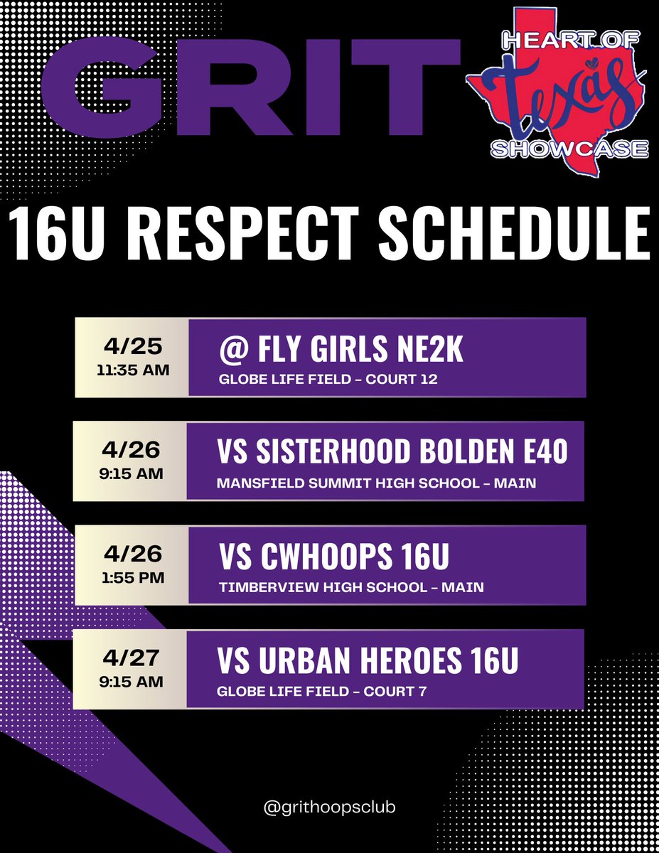 GRIT (@grithoops) on Twitter photo ā¼ļøHEART OF TEXAS 16s SCHEDULESā¼ļø
⢠S40 teams at Fieldhouse USA
⢠Respect teams at <a href="/GlobeLifeField/">Globe Life Field</a> + HSs
⢠College Coaches please reach out with any questions - grithoopsclub@gmail.com š§
LETāS HOOP š
#GRIT ā¼ļøHEART OF TEXAS 16s SCHEDULESā¼ļø
⢠S40 teams at Fieldhouse USA
⢠Respect teams at <a href="/GlobeLifeField/">Globe Life Field</a> + HSs
⢠College Coaches please reach out with any questions - grithoopsclub@gmail.com š§
LETāS HOOP š
#GRIT