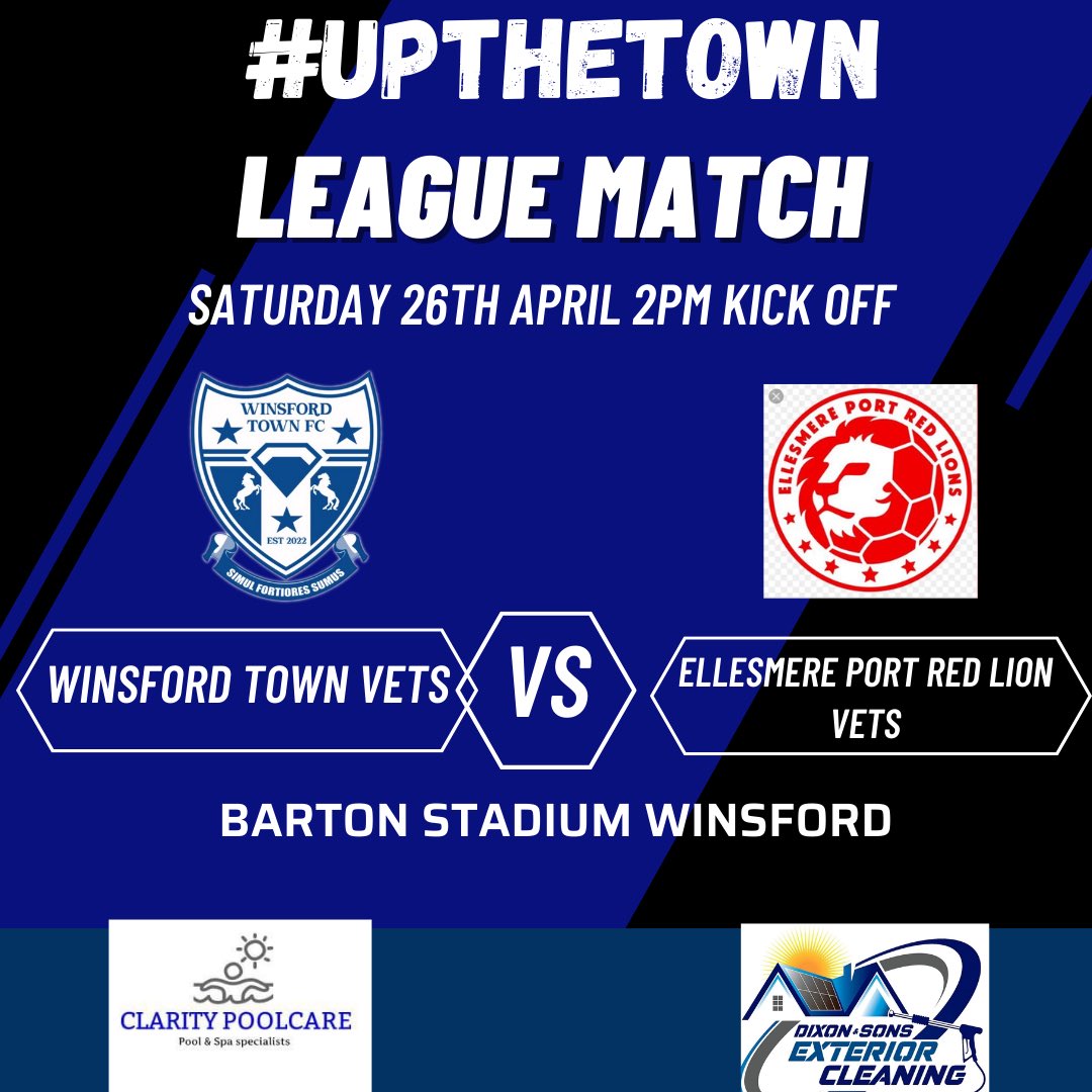 WinsfordTownFC's tweet photo. Our Vets are in league action this weekend vs Ellesmere Port Red Lion.

The game is being played at Barton Stadium (thank you @WinsfordUnited). 

2pm KO. https://t.co/OwuVysAzS1