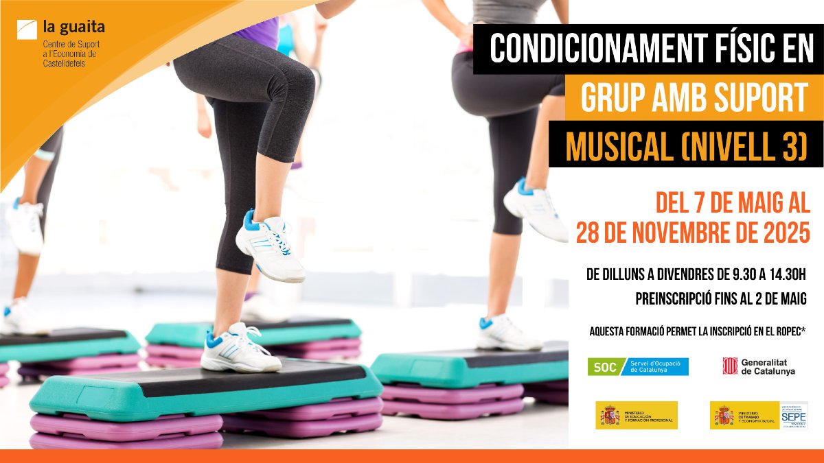🏋️ En esta formación adquirirás los conocimientos necesarios para dirigir actividades deportivas con técnicas propias del aeróbic.

* Actuación subvencionada por el SOC con fondos del Ministerio de Educación y Formación Profesional y del SEPE.

Apúntate ⤵️
castelldefels.org/ca/serveis/pro…
