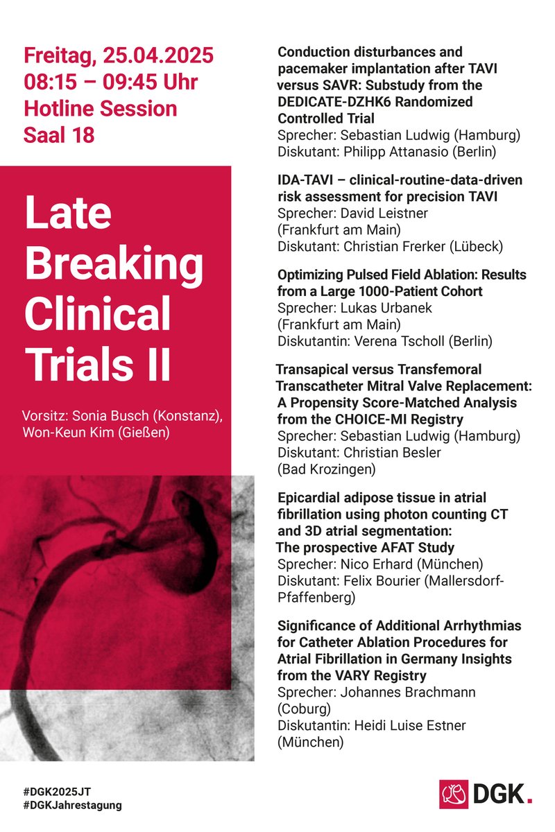 Heute wartet auf der #DGKJahrestagung ein absolutes Highlight auf Sie – unsere #LateBreakingClinicalTrials II. Wir freuen uns auf zahlreiche Teilnehmerinnen und Teilnehmer!
🕗 8:15 – 9:45 Uhr
📍 Saal 18
#DGK2025JT #Kardiologie #KardiovaskuläreMedizin