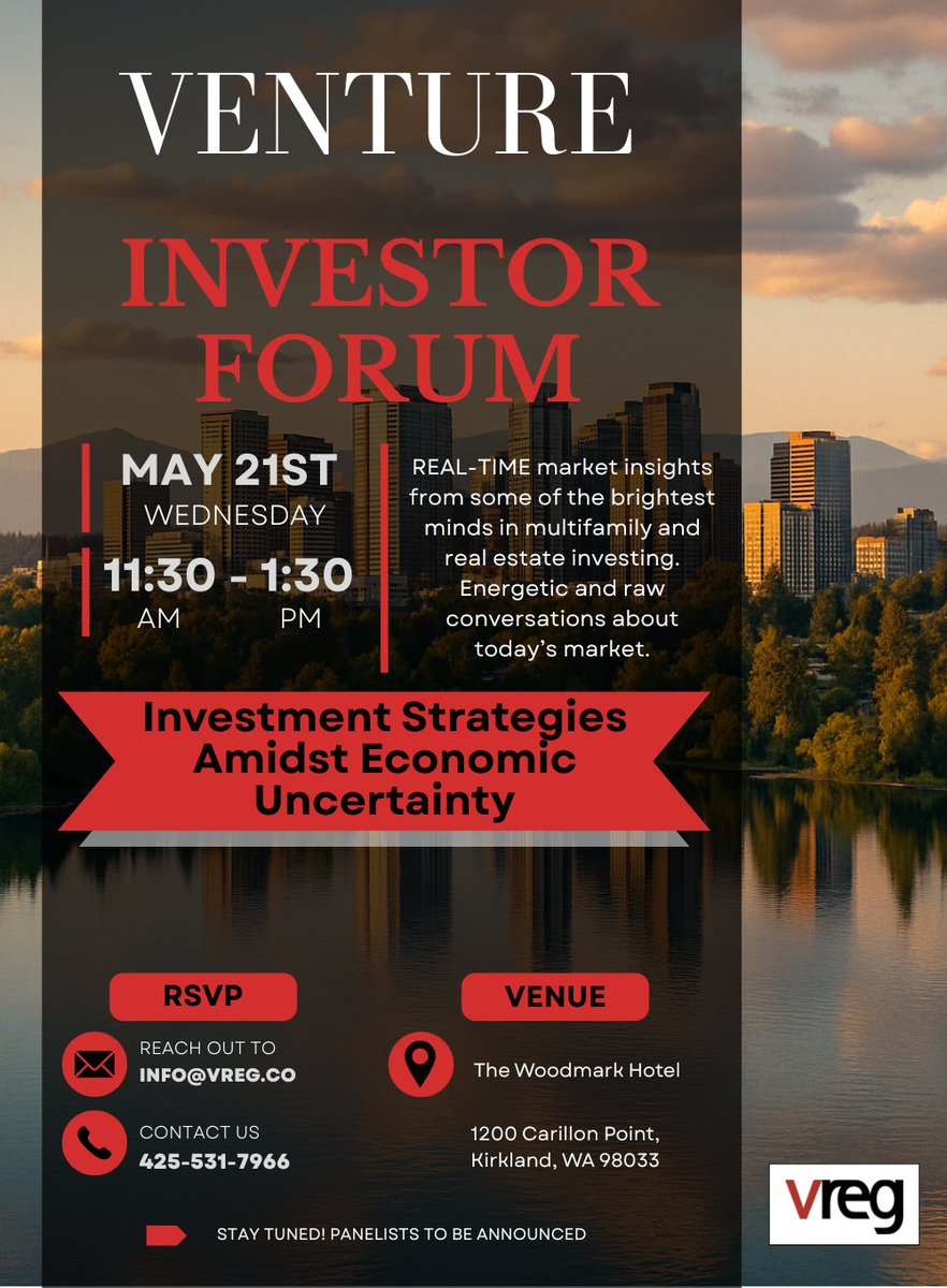 📣 Venture Investor Forum
🗓️ May 21 | 11:30 AM – 1:30 PM
📍 The Woodmark Hotel | Kirkland, WA
Real-time market insights, multifamily strategies, and bold conversations on navigating economic uncertainty.
Join us to reach higher ground.
#RealEstate #InvestorForum #VREG