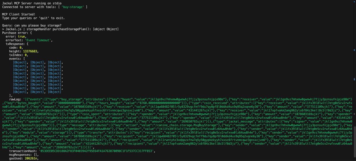 AI agent buying itself a storage plan on Jackal testnet