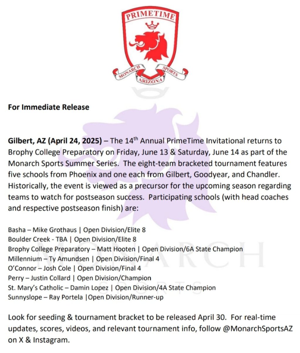 Monarch Sports ๐ (@monarchsportsaz) on Twitter photo BREAKING:  Check-out ๐ the press release for PrimeTime to see who accepted โ๏ธ an invitation to the premier summer basketball ๐tournament for in-state schools: BREAKING:  Check-out ๐ the press release for PrimeTime to see who accepted โ๏ธ an invitation to the premier summer basketball ๐tournament for in-state schools:
