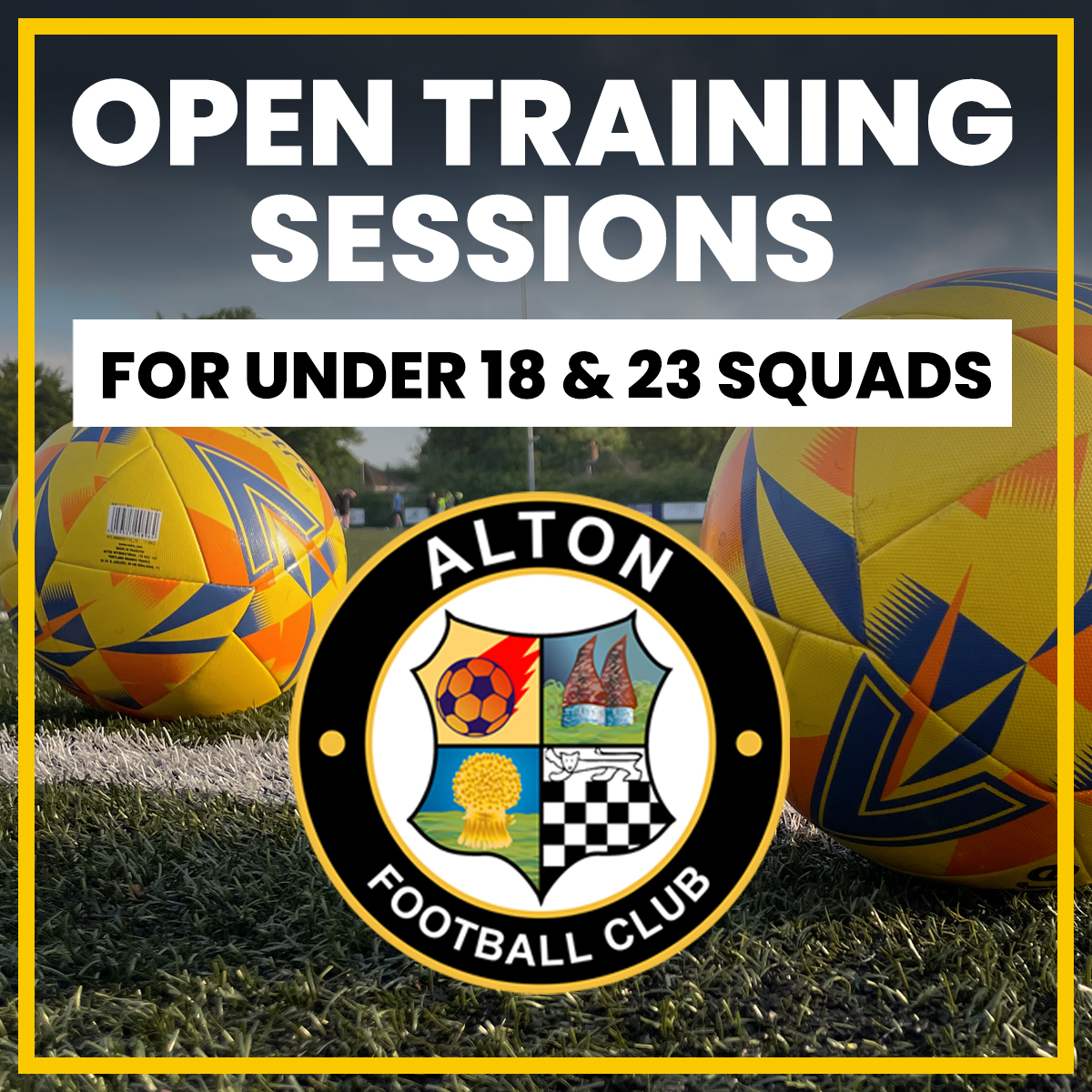 ⚽️ 𝗢𝗣𝗘𝗡 𝗧𝗥𝗔𝗜𝗡𝗜𝗡𝗚 𝗦𝗘𝗦𝗦𝗜𝗢𝗡𝗦 ⚽️
𝐅𝐨𝐫 𝐔𝐧𝐝𝐞𝐫 𝟏𝟖 &amp; 𝟐𝟑 𝐒𝐪𝐮𝐚𝐝𝐬

🗓️ Thursdays 1st &amp; 8th May
🕖 19:00 - 20:45
🏟️ The <a href="/EXN_UK/">Exclusive Networks UK</a> Stadium GU34 2NB

To register your interest in either or both sessions, please call 07540 141761 or DM.

⚪️⚫️ <a href="/AltonYouth/">Alton FC Youth Section</a>