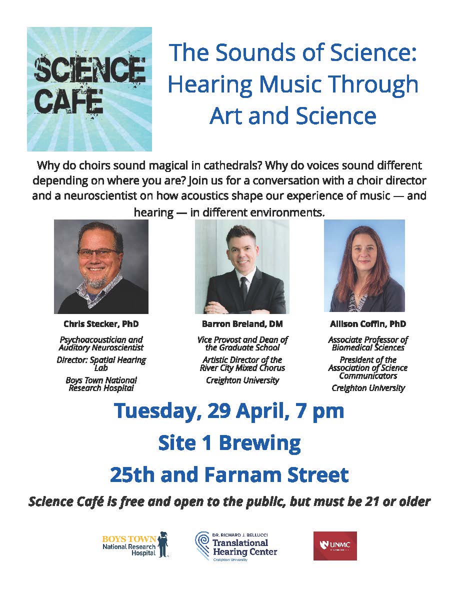 Science Cafe (@sciencecafesne) on Twitter photo We are popping up at <a href="/Site1brewing/">Site-1 Brewing</a> for our next cafe on Tuesday, April 29 at 7pm. Featuring speakers from <a href="/Creighton/">Creighton University</a> and <a href="/BoysTownHosp/">Boys Town National Research Hospital</a>.
Join them for a discussion on 'The Sounds of Science: Hearing Music Through Art and Science.' We are popping up at <a href="/Site1brewing/">Site-1 Brewing</a> for our next cafe on Tuesday, April 29 at 7pm. Featuring speakers from <a href="/Creighton/">Creighton University</a> and <a href="/BoysTownHosp/">Boys Town National Research Hospital</a>.
Join them for a discussion on 'The Sounds of Science: Hearing Music Through Art and Science.'