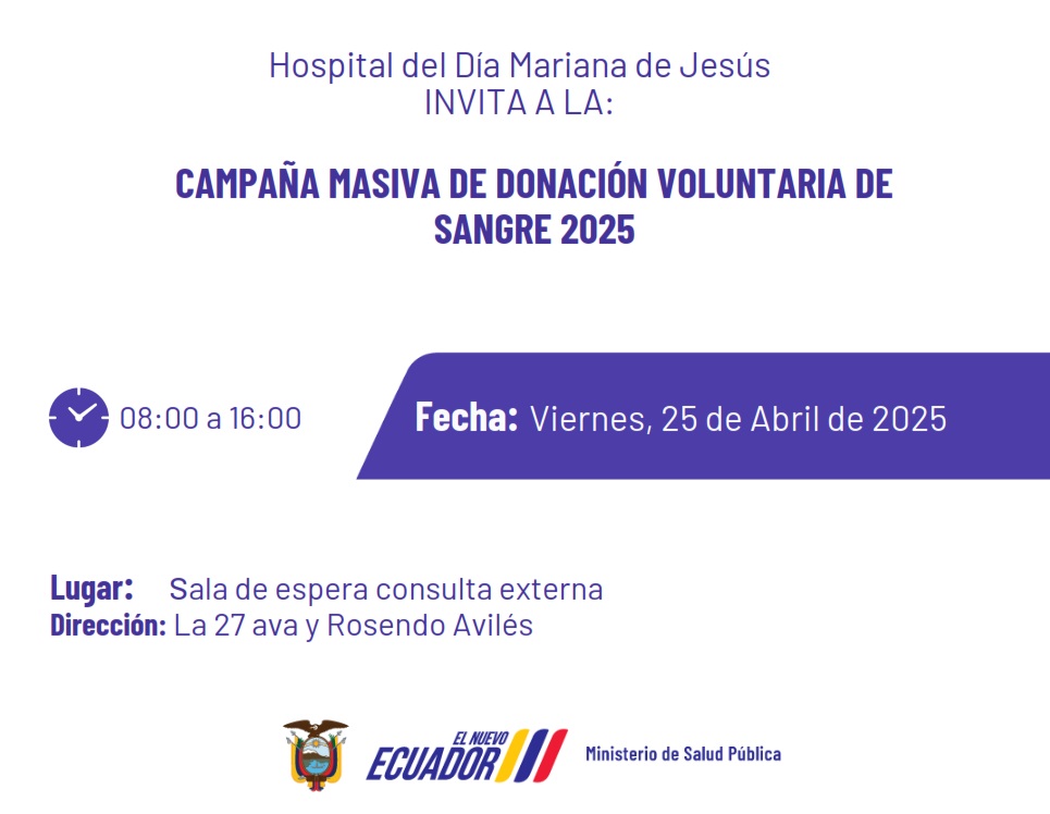 Salud_Guayas's tweet photo. Te invitamos a participar en nuestra campaña voluntaria de donación de sangre este viernes 2⃣5⃣ de abril en el #HospitalMarianaDeJesús 🏥.

Contamos con tu solidaridad para salvar vidas.

Donar sangre 🩸 es donar vida.

#PorUnEcuadorConSalud https://t.co/cJOfb6J1wX