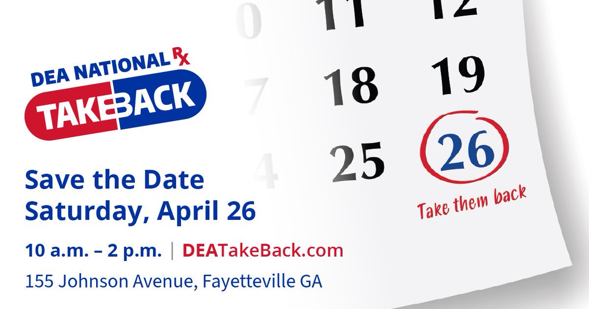 **DRUG TAKE BACK DAY SATURDAY, APRIL 26**

Join us at the Fayette County Sheriff's Office for DEA Drug Take Back Day Saturday, April 26 from 10 AM to 2 PM. Bring your unused or expired prescription medications to safely dispose of them!