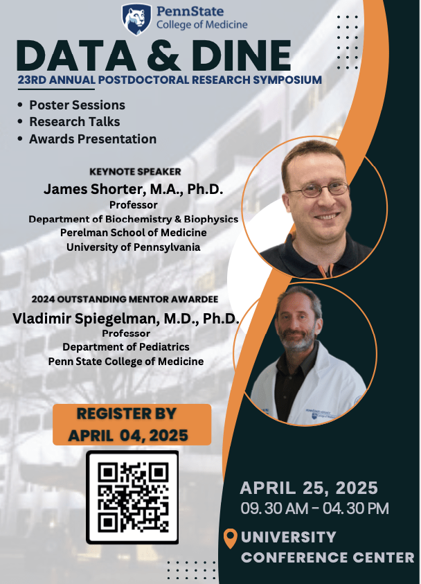 Excited to present Keynote at the 23rd Annual Data and Dine Postdoctoral Research Symposium <a href="/PennStHershey/">Penn State Health</a> <a href="/penn_state/">Penn State</a> <a href="/PSUCoMPostdoc/">Penn State Hershey Postdoc Society</a> tomorrow! Thanks to Franklin Back <a href="/FranklinBack3/">Franklin Back</a> for hosting! sites.psu.edu/postdocs/23rd-…