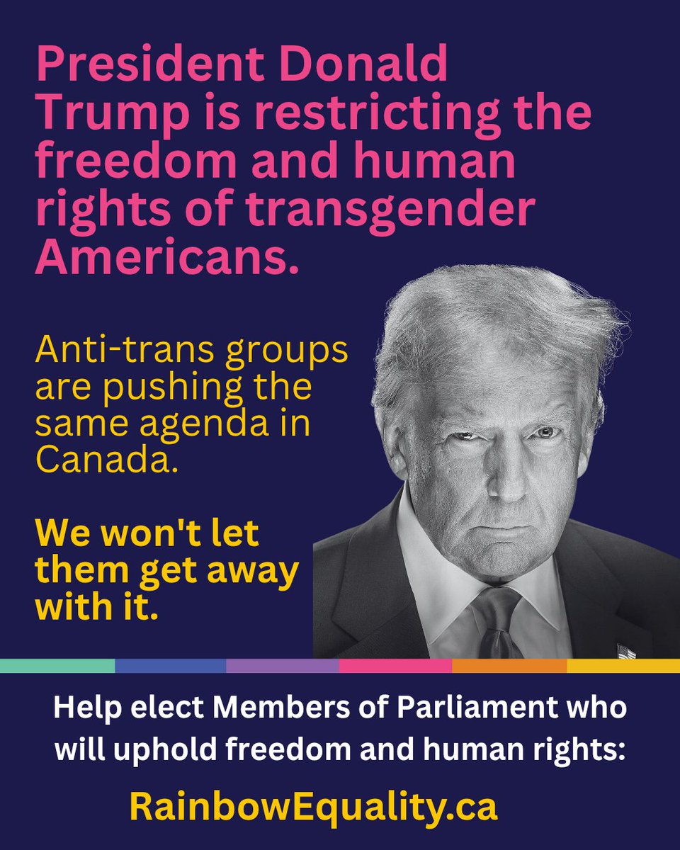 We don't want Trump's politics or his policies in Canada. In Canada, we believe in freedom and human rights - for everyone.

Reject hate. Embrace freedom. Join the movement: rainbowequality.ca