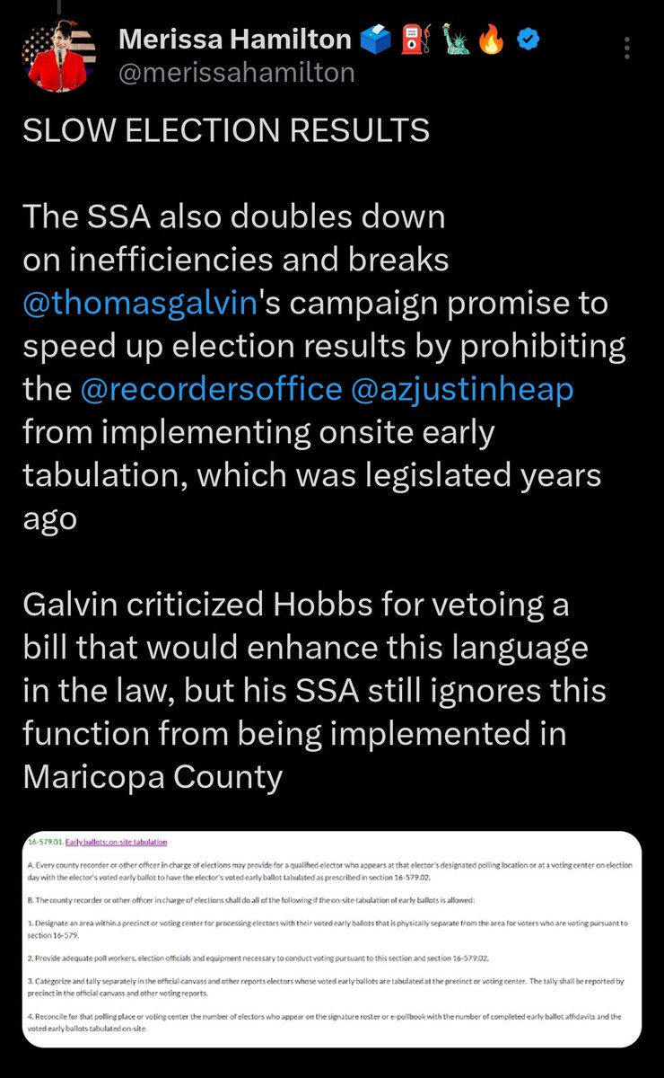Garrett_Archer's tweet photo. Merissa and her election fraud crew are lying by commission as usual.

Early onsite tabulation will not speed up election results speed even a minute.

Early in person voting is too small a volume to make any difference. They are always in the first results posted. https://t.co/2nsij0ri86