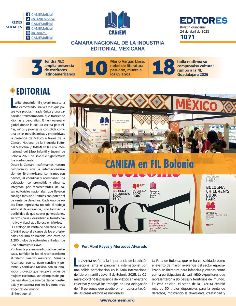 Boletín EDITORES 1071
1. CANIEM en FIL Bolonia
2. Tendrá FILC amplia presencia latinoamericana
3. Línea de ayuda CANIEM para el ISBN
4. Tamara Tenenbaum gana Premio Paidós 2025
5. Italia reafirma su compromiso para <a href="/FILGuadalajara/">FIL Guadalajara</a> 2026
Y más...
👇
caniem.mx/boletines/file…