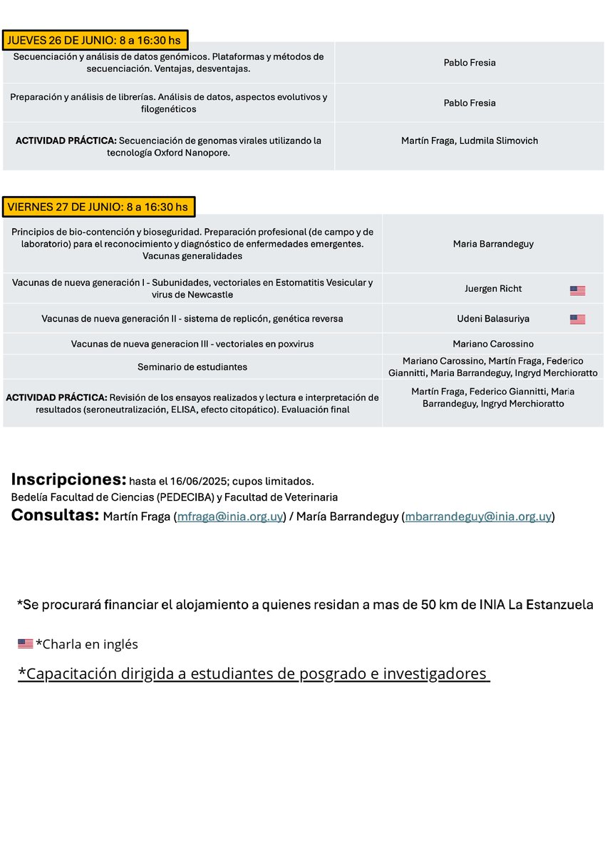 Estimados estudiantes, difundimos el curso PEDECIBA Biología "Enfermedades virales emergentes y transfronterizas de los animales: Bases biológicas y moleculares para el diagnóstico, monitoreo y control"

Fecha del 23 al 27 de junio del  2025, presencial Inscripción sujeta  cupos