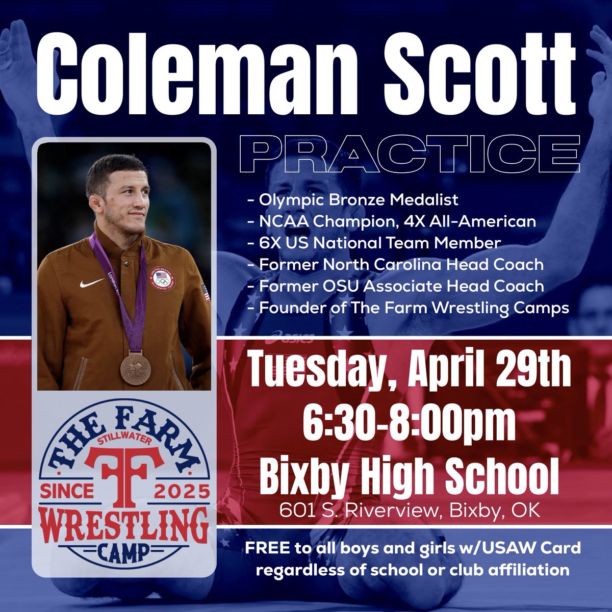 Bixby Wrestling (@bixby_wrestling) on Twitter photo 🚨 Olympic Medalist <a href="/CScott60kg/">Coleman Scott</a> will be running practice at BHS next Tuesday, 4/29!
Free and open to all ages and club affiliations—come learn from the best! 🚨 Olympic Medalist <a href="/CScott60kg/">Coleman Scott</a> will be running practice at BHS next Tuesday, 4/29!
Free and open to all ages and club affiliations—come learn from the best!