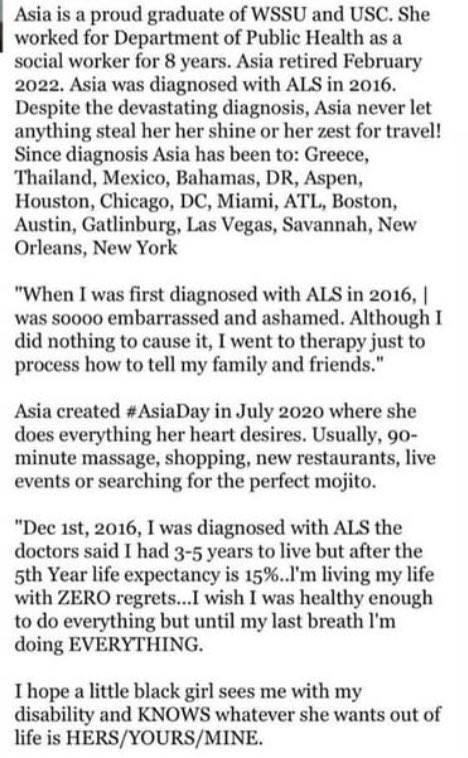 CathyStandish's tweet photo. I hope a little black girl sees Asia’s brave and inspiring fight with #ALS and remembers Asia’s words … “whatever she wants out of life is HERS/YOURS/MINE.”

Asia’s light was inspiring and her spirit will be missed.  

#AsiaDay #HerALSStory #OhVeryYoung https://t.co/nfr5Yv8i68