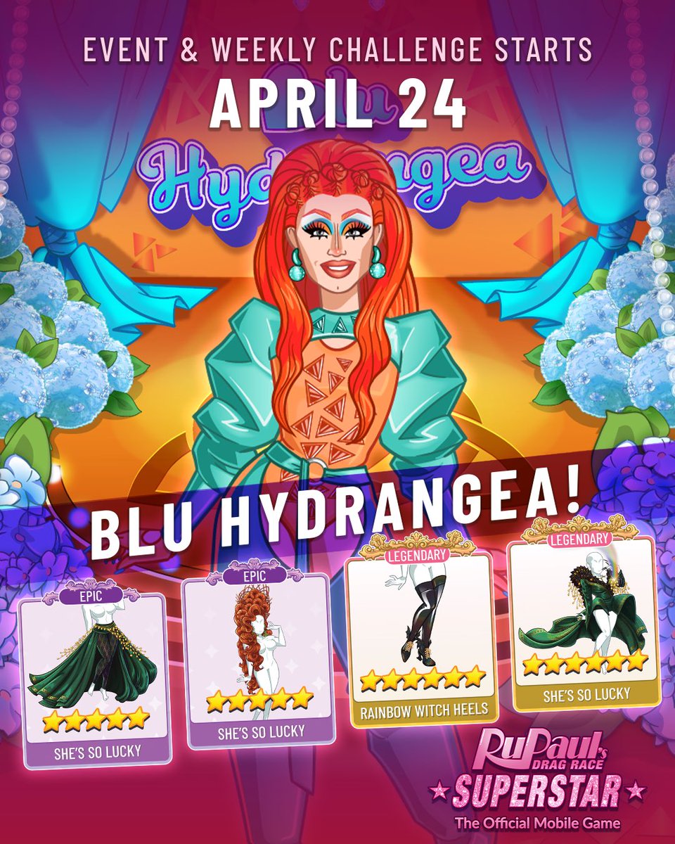RDRSuperstar's tweet photo. Join @BluHydrangea_’s Werkroom Event to win legendary pieces of her outfit “She’s So Lucky” and new “Butch Queen” makeup! #RDRSuperstar #DragRace #BluHydrangea https://t.co/b0dy6MWLNt