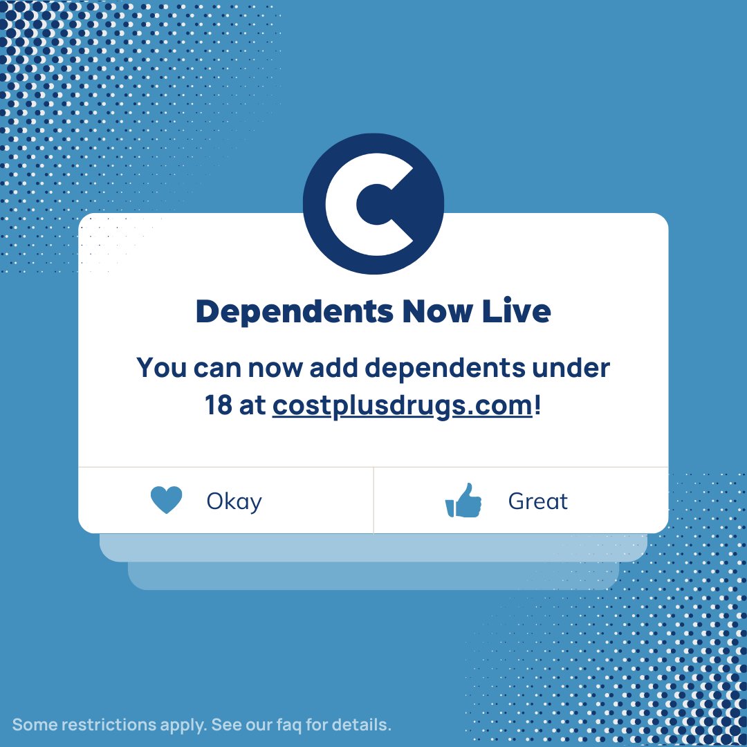 costplusdrugs's tweet image. 📢 𝐁𝐈𝐆 𝐍𝐄𝐖𝐒! 𝐘𝐨𝐮 𝐜𝐚𝐧 𝐧𝐨𝐰 𝐚𝐝𝐝 𝐝𝐞𝐩𝐞𝐧𝐝𝐞𝐧𝐭𝐬 𝐚𝐭 costplusdrugs.com!
You asked and we listened! Managing prescriptions for your kids and other dependents under 18 is now easier than ever.
✔️ One login
✔️ Quick setup
✔️ Same transparent pricing…