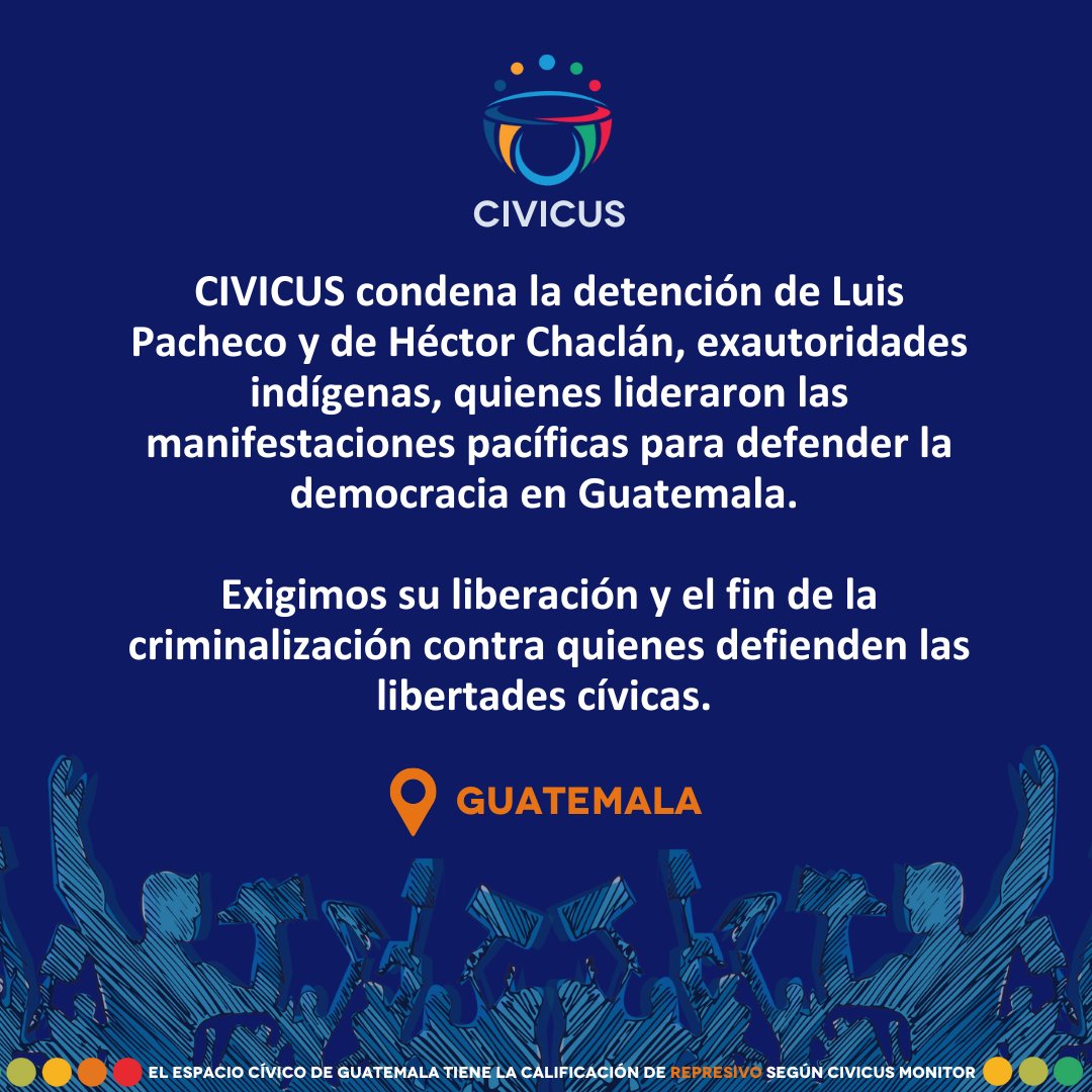 CIVICUSespanol's tweet photo. 🚨Condenamos la detención de Luis Pacheco y Héctor Chaclán, exautoridades índigenas, que lideraron las manifestaciones pacíficas para defender la democracia en #Guatemala.
#LibertadParaLuisYHéctor #48Cantones #DemocraciaViva #dignidadindígena https://t.co/lL6ditg7tB