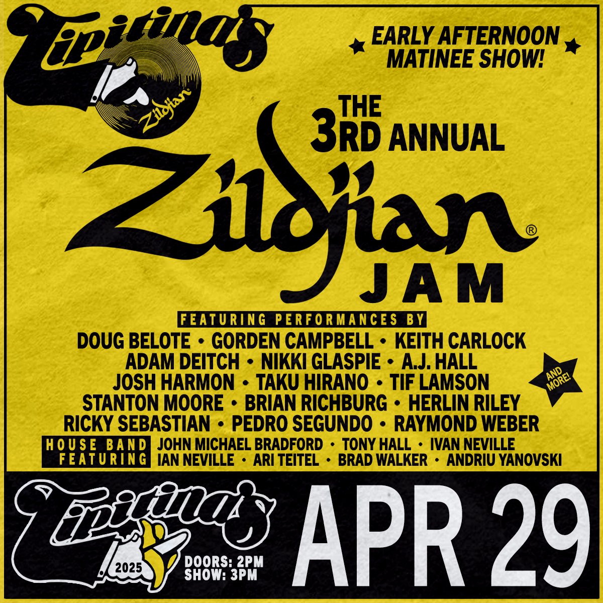Taku Hirano (@takuhirano) on Twitter photo Tuesday, 4/29 in New Orleans <a href="/Tipitinas/">𝐓𝐢𝐩𝐢𝐭𝐢𝐧𝐚’𝐬 🍌</a>!
<a href="/ZildjianCompany/">Zildjian Company🌕</a> 3rd Annual Drum Jam, featuring some of the top drummers in town for <a href="/jazzfest/">New Orleans JazzFest</a>, with yours truly on #percussion, and a ridiculously funky house band headed by Ivan Neville! (18+/$25)
Ticket link: tinyurl.com/ZilTipsFest Tuesday, 4/29 in New Orleans <a href="/Tipitinas/">𝐓𝐢𝐩𝐢𝐭𝐢𝐧𝐚’𝐬 🍌</a>!
<a href="/ZildjianCompany/">Zildjian Company🌕</a> 3rd Annual Drum Jam, featuring some of the top drummers in town for <a href="/jazzfest/">New Orleans JazzFest</a>, with yours truly on #percussion, and a ridiculously funky house band headed by Ivan Neville! (18+/$25)
Ticket link: tinyurl.com/ZilTipsFest
