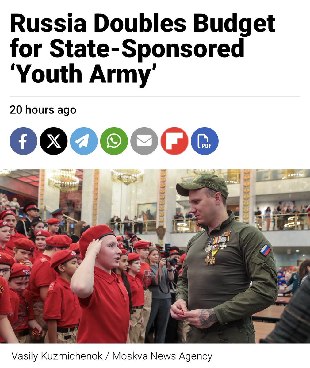 Russia is doubling the budget for Putin's Youth Army this year so that Russia can get millions of their children ready for the next couple decades of war and conquest.

Militarizing children is not the action of a nation that wants peace.