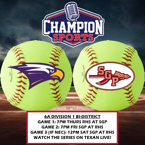 Champion Sports Radio (@championsports) on Twitter photo The <a href="/uiltexas/">Texas UIL</a> Softball playoffs start tonight as <a href="/rhs_eagleSB/">Richardson HS Softball</a> takes on <a href="/SoftballSGP/">SGP Softball</a>. If you can’t be there, watch with us on <a href="/Texan_Live/">Dave Campbell’s Texan Live - Texanlive.com</a>!
🥎 6A Division 1 Bi-District
⏰ Game 1: 7pm
📍 <a href="/SGPHS/">South Grand Prairie</a>
🎙 <a href="/cade_haak/">Cade Haak</a> & <a href="/ebkerstine/">ethan</a>
📺 bit.ly/4jGMFc1 The <a href="/uiltexas/">Texas UIL</a> Softball playoffs start tonight as <a href="/rhs_eagleSB/">Richardson HS Softball</a> takes on <a href="/SoftballSGP/">SGP Softball</a>. If you can’t be there, watch with us on <a href="/Texan_Live/">Dave Campbell’s Texan Live - Texanlive.com</a>!
🥎 6A Division 1 Bi-District
⏰ Game 1: 7pm
📍 <a href="/SGPHS/">South Grand Prairie</a>
🎙 <a href="/cade_haak/">Cade Haak</a> & <a href="/ebkerstine/">ethan</a>
📺 bit.ly/4jGMFc1