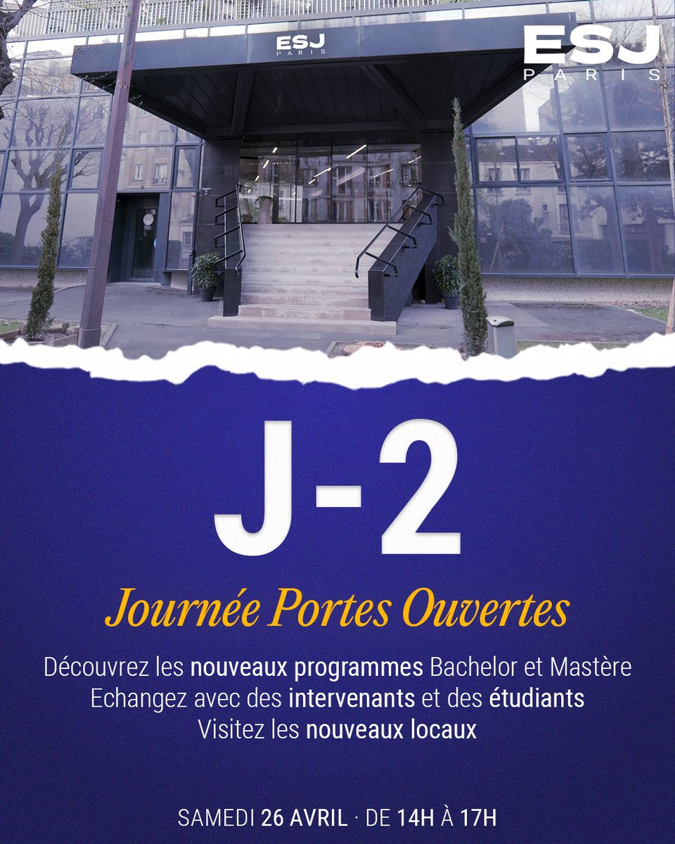 🔵[J-2] Inscrivez-vous à la Journée Portes Ouvertes de l'ESJ Paris ce samedi : esj-paris.fr/journee-portes…

Venez découvrir les nouveaux programmes, visiter les nouveaux locaux, échanger avec des intervenants et des étudiants et vous exercer lors d'ateliers radios et TV.

#ESJParis