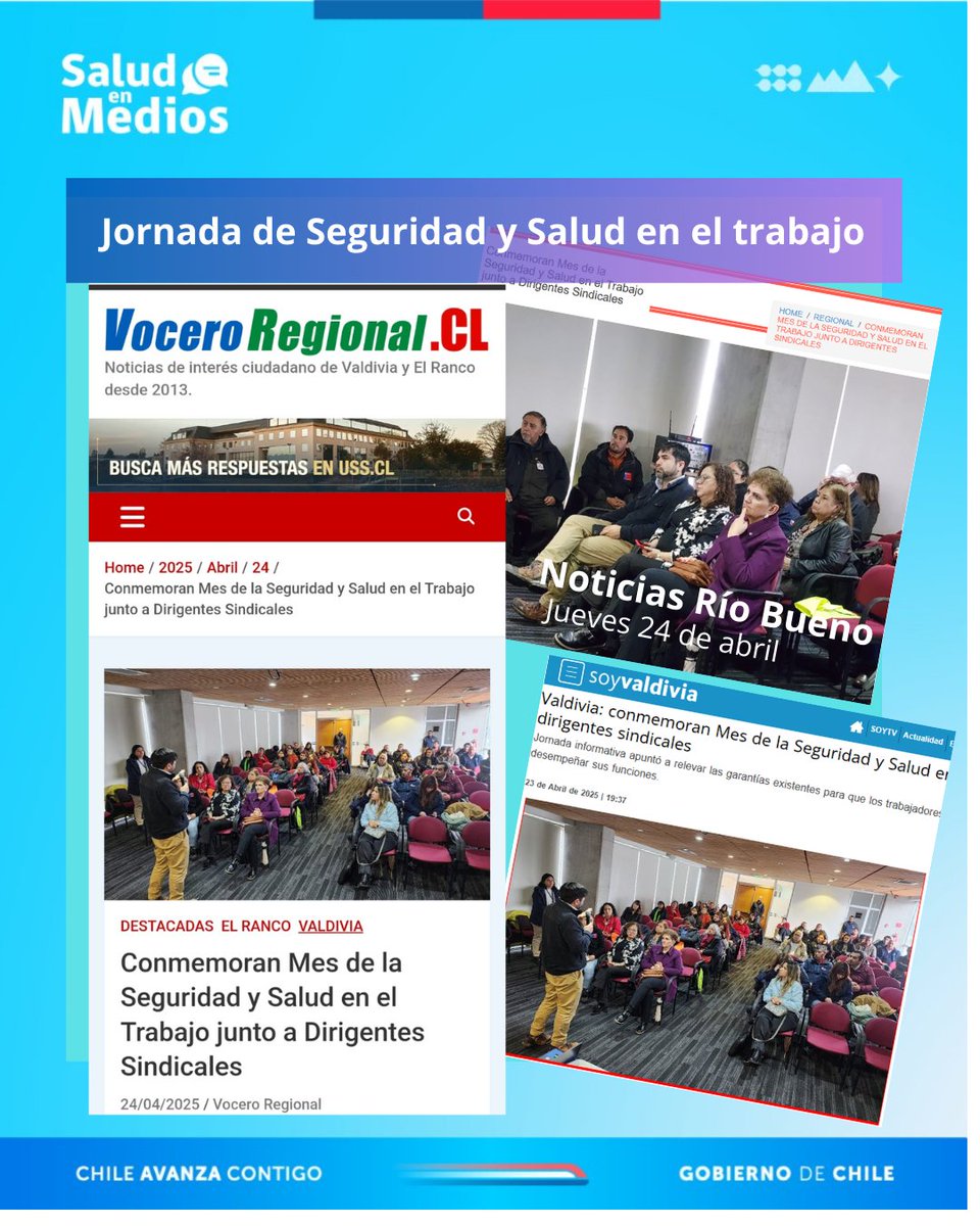 #SaludEnMedios📰Destacamos la nota publicada en medios regionales sobre la jornada junto a dirigentes realizada en Valdivia y organizada por <a href="/SeremiTrab_Vald/">Mintrab Los Ríos</a> Seremi de Salud, la <a href="/DirecDelTrabajo/">Dirección del Trabajo</a> el Instituto de Seguridad Laboral y
<a href="/CUT/">Cut.com</a> provincial de <a href="/Valdivia/">Valdivia</a> 

#SeguridadySalud