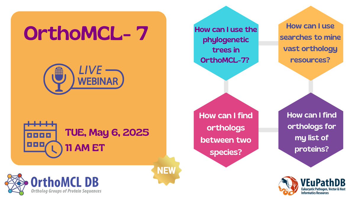 Join us for a free, live webinar to learn about exciting new tools and features in the newly released <a href="/veupathdb/">VEuPathDB</a> OrthoMCL-7 platform. 🗓️ Tuesday, May 6, 2025 at 11 AM ET. 

Register now to get the zoom link! upenn.zoom.us/meeting/regist…