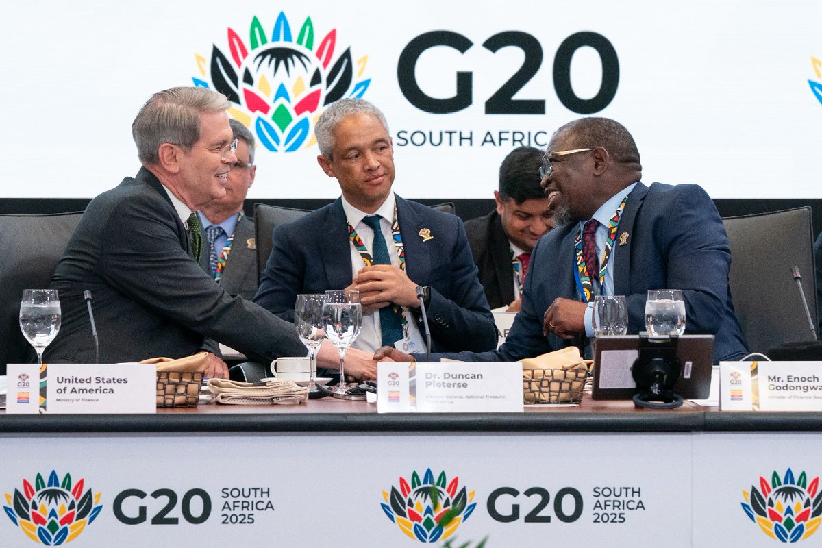 SAReserveBank's tweet photo. WATCH:The 2nd G20 Finance Ministers and Central Bank Governors Meeting has concluded in Washington, D.C. Co-chaired by Finance Minister Enoch Godongwana and SARB Governor Lesetja Kganyago, the meeting was held under the Finance Track of South Africa’s G20 Presidency. To watch the joint press conference, click here: https://t.co/948m1NFOKT
#G20SouthAfrica #Rekaofela