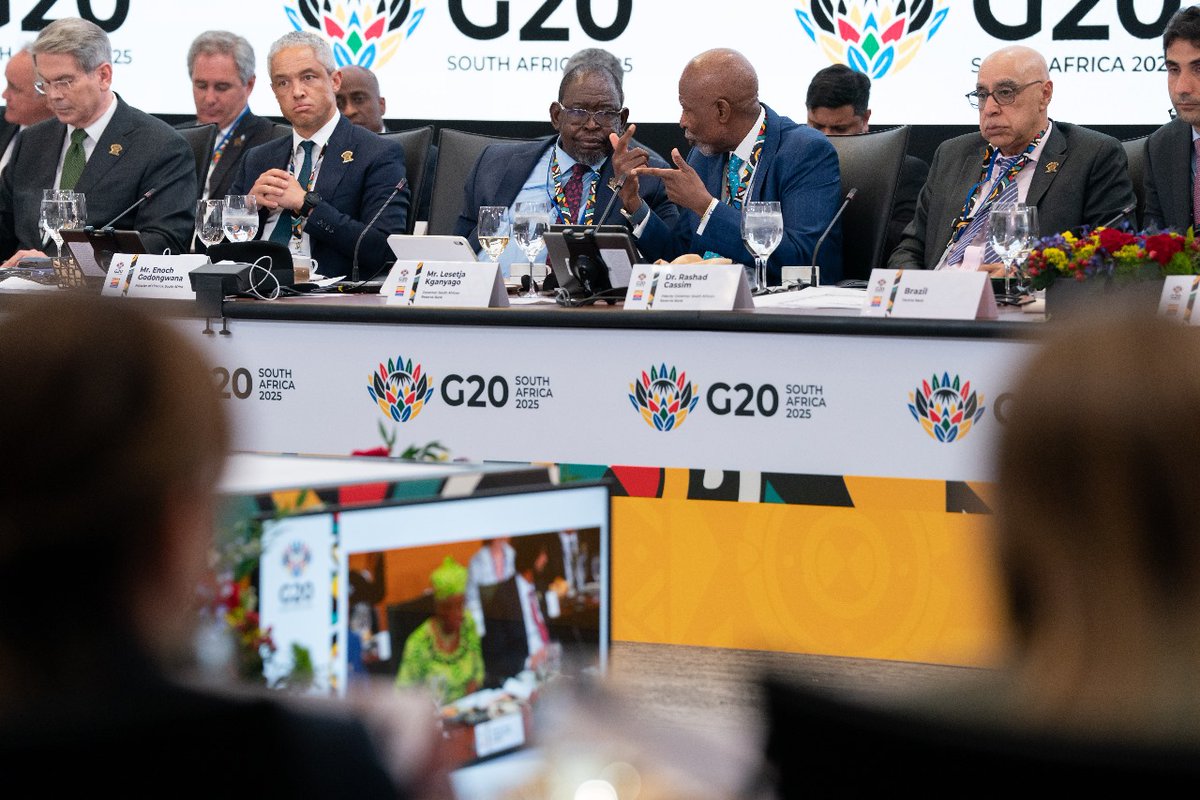 SAReserveBank's tweet photo. WATCH:The 2nd G20 Finance Ministers and Central Bank Governors Meeting has concluded in Washington, D.C. Co-chaired by Finance Minister Enoch Godongwana and SARB Governor Lesetja Kganyago, the meeting was held under the Finance Track of South Africa’s G20 Presidency. To watch the joint press conference, click here: https://t.co/948m1NFOKT
#G20SouthAfrica #Rekaofela