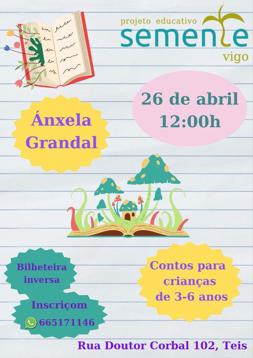 Contos para crianças de 3-6 anos, coa Ánxela Grandal.

Capacidade limitada com bilheteira inversa, reservade!

📍 r/Doutor Corbal 102, Teis
🗓️ Sábado, 26 de Abril 🕗12:00h
📲 Inscriçons: 665171146

#EscolasSemente #Galego #Vigo #Teis