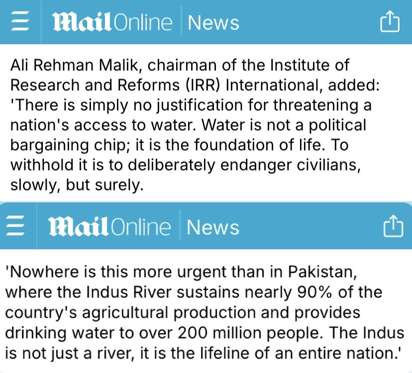 Ali Rehman Malik, our chairman, comments in the Daily Mail: 

“There is simply no justification for threatening a nation's access to water. #Water is not a political bargaining chip; it is the foundation of life.” 

🔗 dailymail.co.uk/news/article-1…