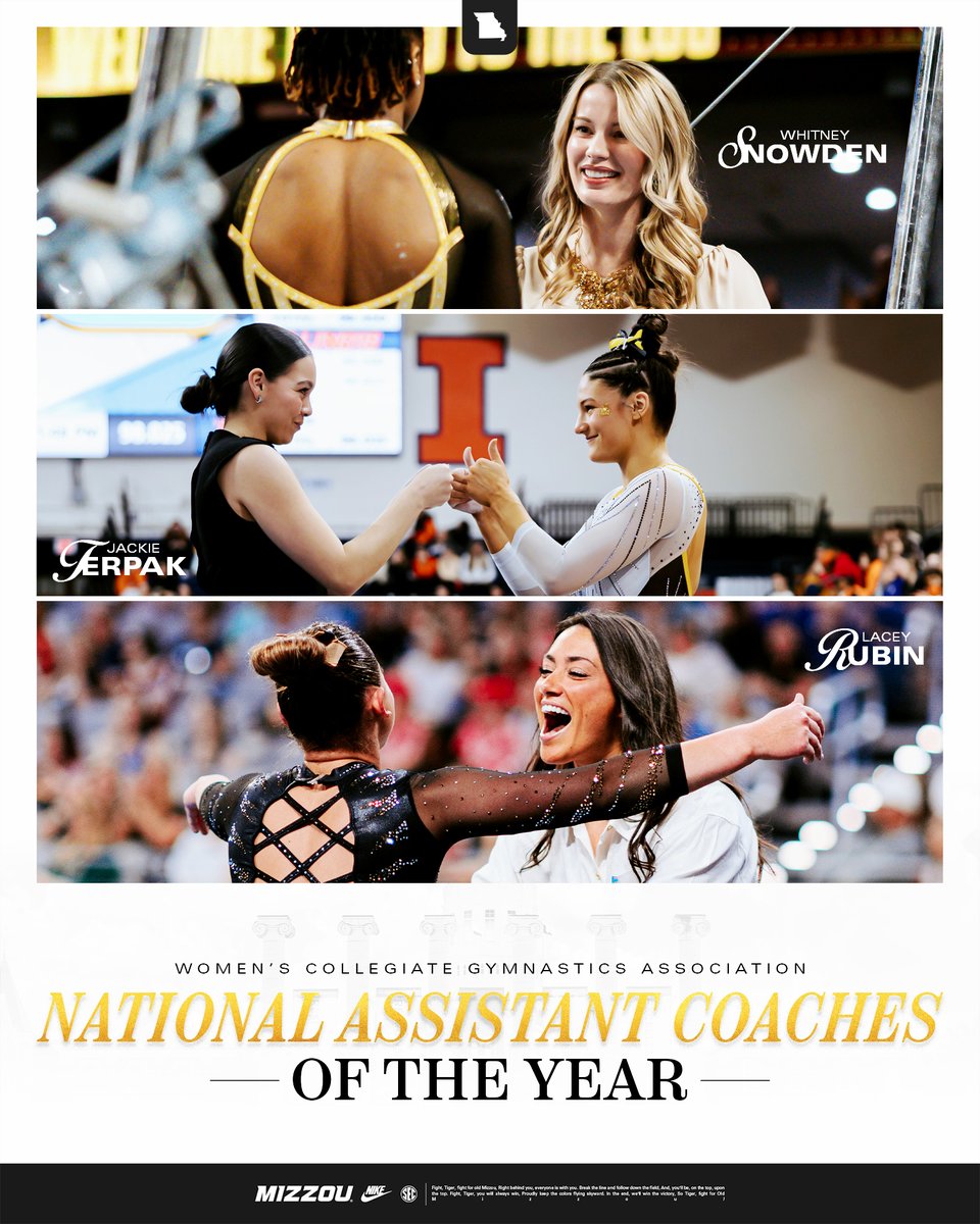 Mizzou Gymnastics (@mizzougym) on Twitter photo The best coaching staff 𝒊𝒏 𝒕𝒉𝒆 𝒄𝒐𝒖𝒏𝒕𝒓𝒚.
Head coach <a href="/MUGymShannon/">Shannon Welker</a> has been named the WCGA Coach of the Year and Whitney Snowden, Lacey Rubin and Jackie Terpak have been named the WCGA Assistant Coaches of the Year!
🔗: bit.ly/3EpZYPo
#MIZ 🐯 The best coaching staff 𝒊𝒏 𝒕𝒉𝒆 𝒄𝒐𝒖𝒏𝒕𝒓𝒚.
Head coach <a href="/MUGymShannon/">Shannon Welker</a> has been named the WCGA Coach of the Year and Whitney Snowden, Lacey Rubin and Jackie Terpak have been named the WCGA Assistant Coaches of the Year!
🔗: bit.ly/3EpZYPo
#MIZ 🐯