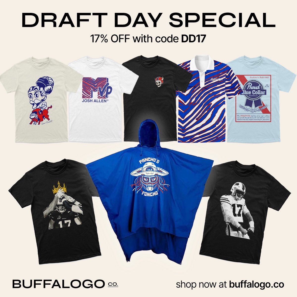 DRAFT DAY DISCOUNT 🦬 🏈 🙌🏼

Super excited to see who the Bills take in this year’s NFL Draft!

Take advantage of today’s special by entering promo code DD17 at checkout for 17% OFF; God Bless &amp; Go Bills!

buffalogo.co/shop/
 
#billsmafia 
#letsgobuffalo 
#gobills
