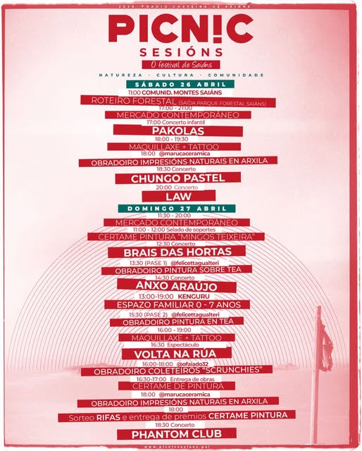 Na Semente🌱Vigo estaremos com banca nas Picnic Sesións de Saiáns o domingo 27 de Abril!

(Mas também hai cousas o sábado).

📍 Rádio Costeira de Saiáns
🗓️ Dom 27 Abril 🕗 por volta do meio-dia
ℹ️ picnicsesions.gal

#EscolasSemente #galego #Vigo #Teis #Saiáns #Saians