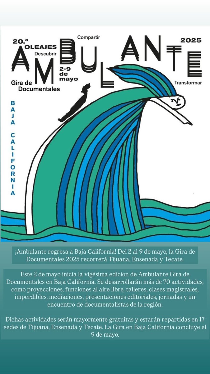 onlinemusicaye1's tweet photo. ¡Ambulante regresa a Baja California! Del 2 al 9 de mayo, la Gira de Documentales 2025 recorrerá Tijuana, Ensenada y Tecate.
#Espectáculos #GiraDeDocumentales #Ambulante #Tijuana #Fyp @Ambulante #OnLineMyE https://t.co/1eAtng1U93