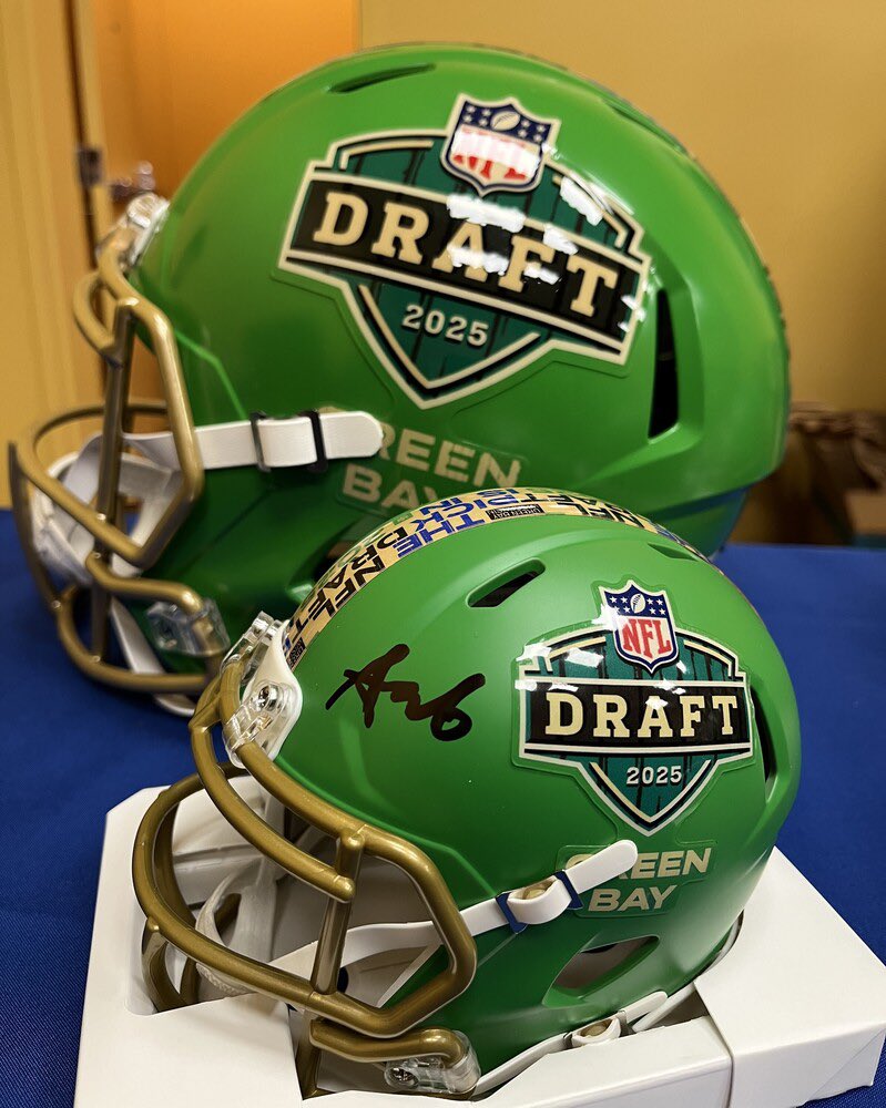 NFL Auction has touchdown in Green Bay for #NFLDraft2025 🏈! New NFL Draft Mini Helmets signed by your favorite prospects are now available for bidding NOW visit link in bio to support your favorite charities today! 🔗nfl.com/auction