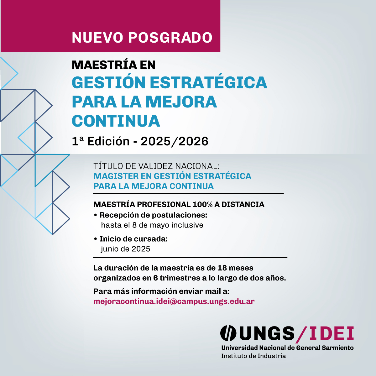 🎓 ¿Sos miembro de PMI Buenos Aires?

👉 Tenés acceso a una media beca (50%) para la Maestría en Gestión Estratégica para la Mejora Continua (100% online).
📅 Enviá tu solicitud antes del 8 de mayo.
📩 mejoracontinua.idei@campus.ungs.edu.ar
#PMI  #Mediabeca #PMIbuenosaires