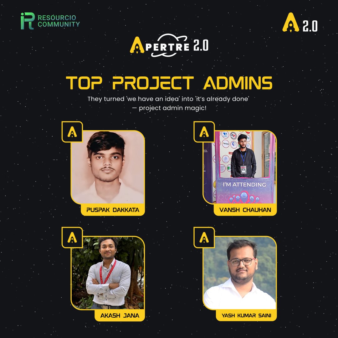 🏆 Presenting the Top 16 Project Admins of Apertre 2.0!
Your grit 💪 and vision shaped the crown 👑 of this event.
Each project = pure excellence 📈
Let’s applaud their brilliance! 👏🎉

#Apertre2 #ProjectAdmins #Champions